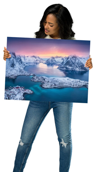 Reine at Winter Sunset Icy Mountain Landscape Photo Loose Wall Art Prints, 18" X 24"