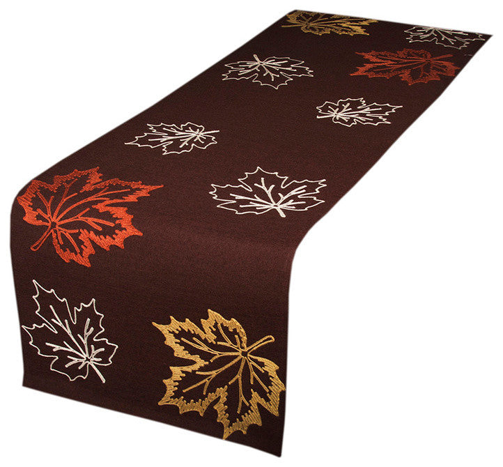 Rustic Autumn Embroidered Fall Table Runner, Coffee, 16"x70"