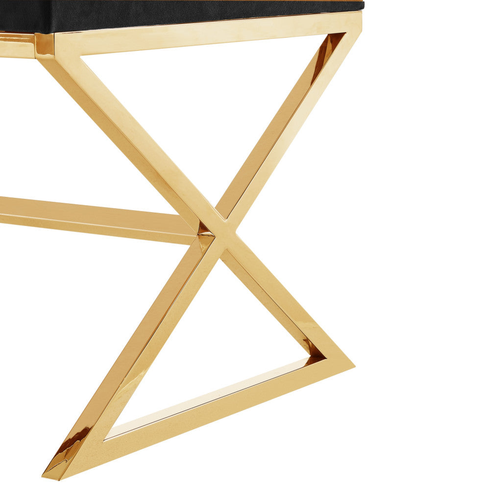 Oria Velvet X-Leg Chrome or Gold Base Ottoman, Black/Gold
