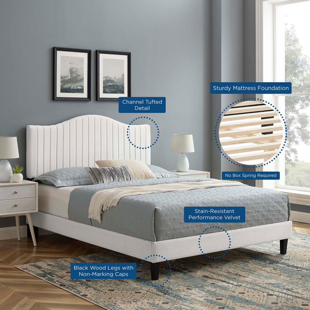Tufted Platform Bed Frame, Queen Size, Velvet, White, Modern Contemporary