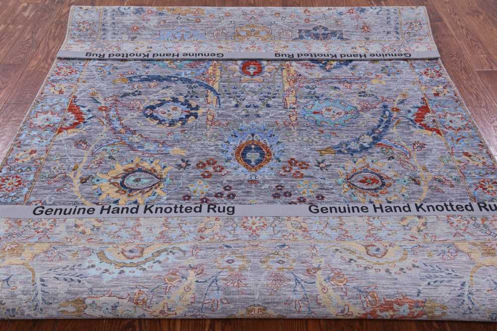 Persian Wool and Silk Sickle Leaf Design Hand Knotted Rug 6' 3" X 9' 1" Q8640