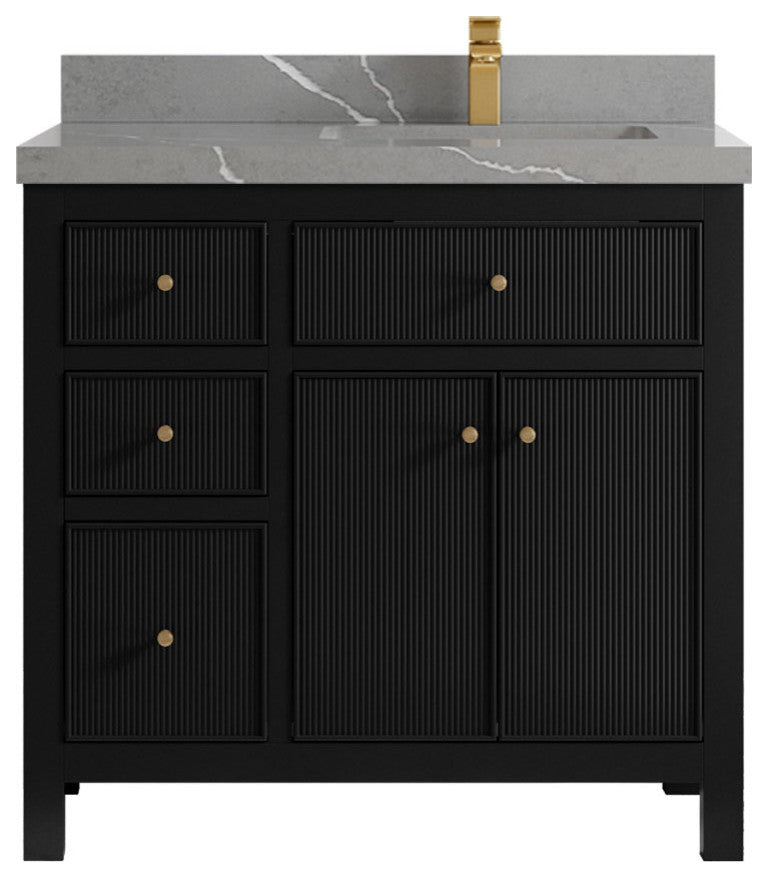Sonoma 36 Right Offset Reeded Bath Vanity in Black 2" Piatra Gray
