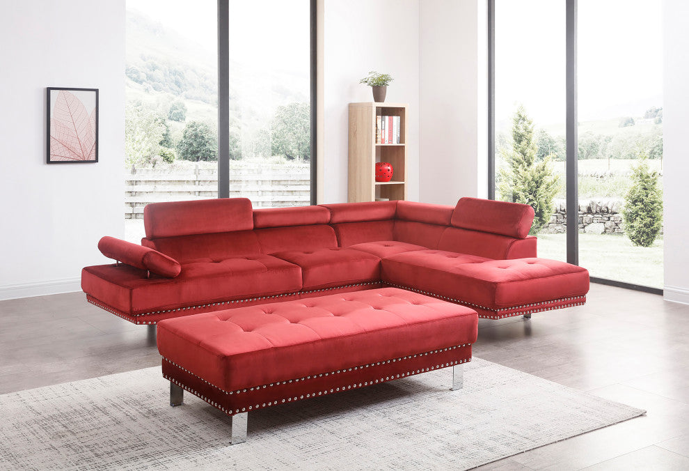 Derek 109" W 2 Piece Velvet L Shape Sectional Sofa, Cherry