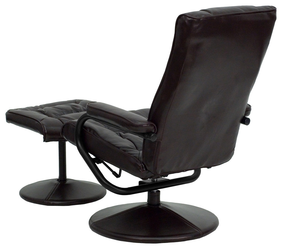Multi-Position Recliner and Ottoman with Wrapped Base in Brown LeatherSoft