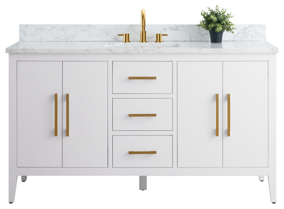 Vanity Art Bathroom Vanity With Sink, White, 60", Single Sink, Golden Brushed