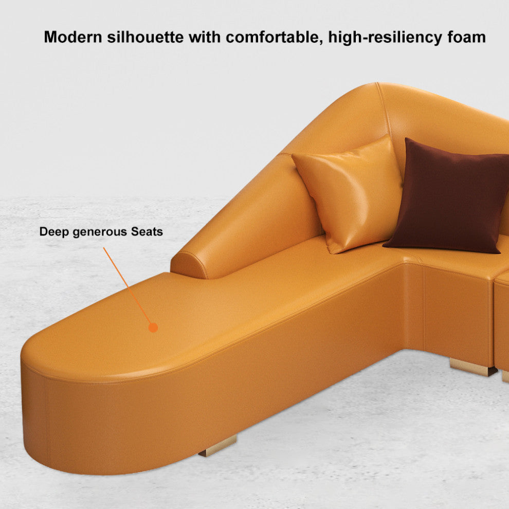 Modern 6-Seater Orange L-Shaped Corner Sectional Sofa Faux Leather Upholstery