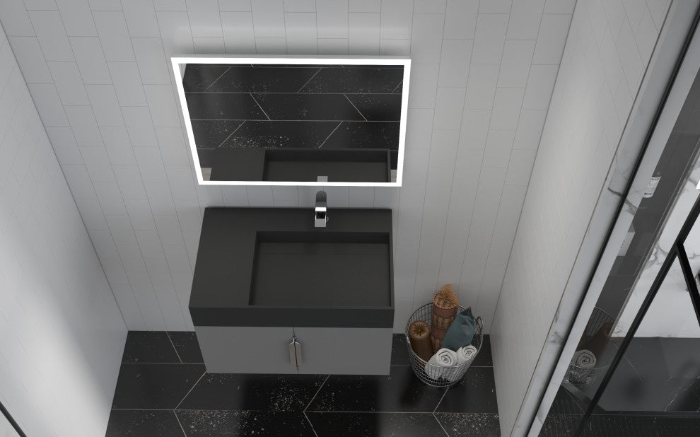 CastelloUSA Amazon 30" Right Wall Mounted Bathroom Vanity Set, Gray, Black Top, Chrome Handles