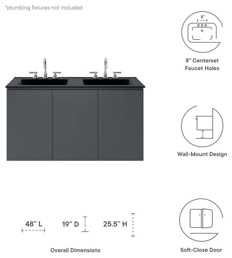 Bryn 48" Wall-Mount Double Sink Bathroom Vanity, Gray Black