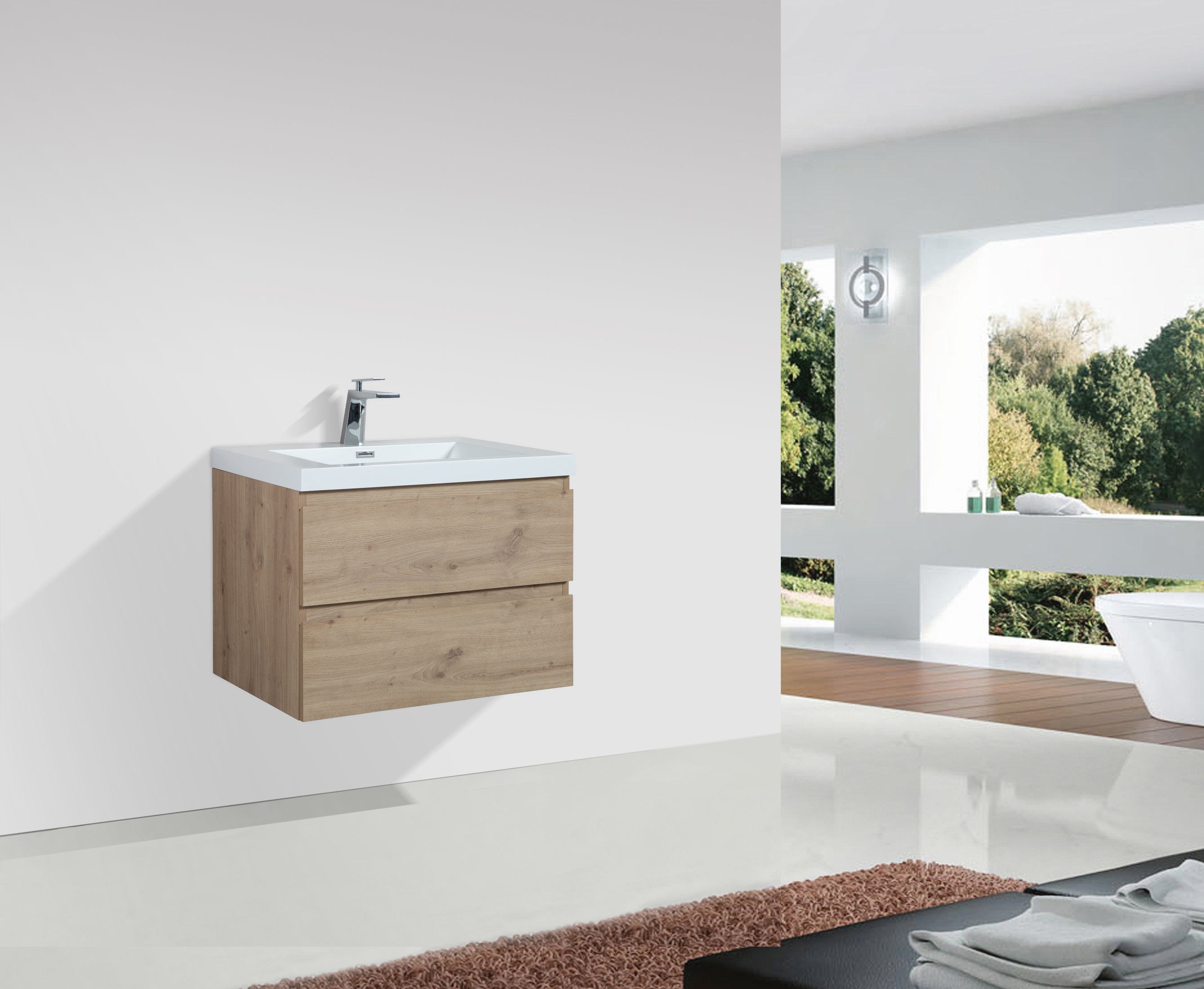 Alma-Pre Wall Mount Vanity With White Sink, Natural Oak, 30"