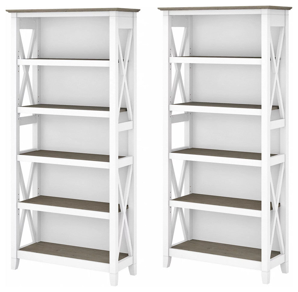 Set of 2 Farmhouse Bookcase, Open Shelves With X-Sides, Shiplap Gray/Pure White