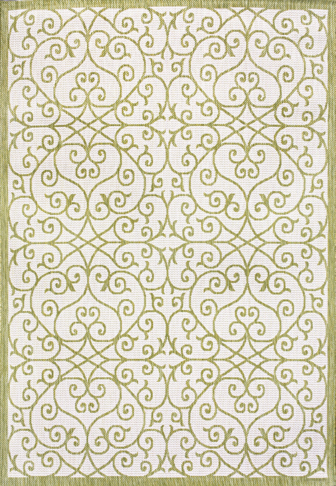 Madrid Vintage Filigree Textured Weave Indoor/Outdoor, Green/Cream, 9 X 12