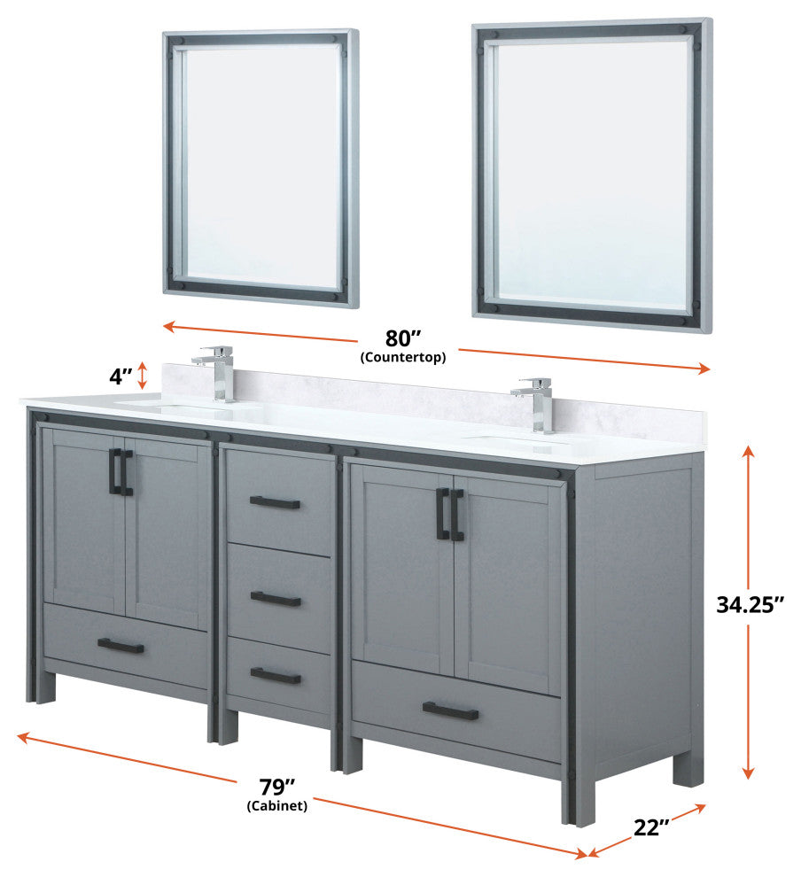 Ziva Transitional Dark Grey 80" Double Vanity, Cultured Marble Top