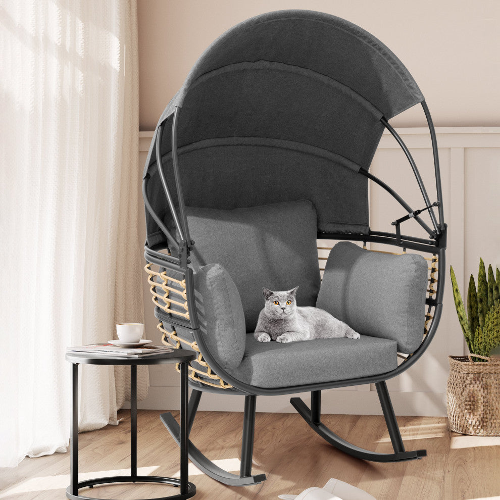 Egg Chair Outdoor Aluminum Rocking Lounge With Folding Canopy in Gray Finish, Gray