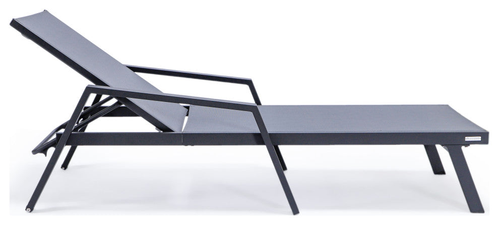 LeisureMod Marlin Chaise Lounge Chair With Arms and Fire Pit Table, Dark Gray