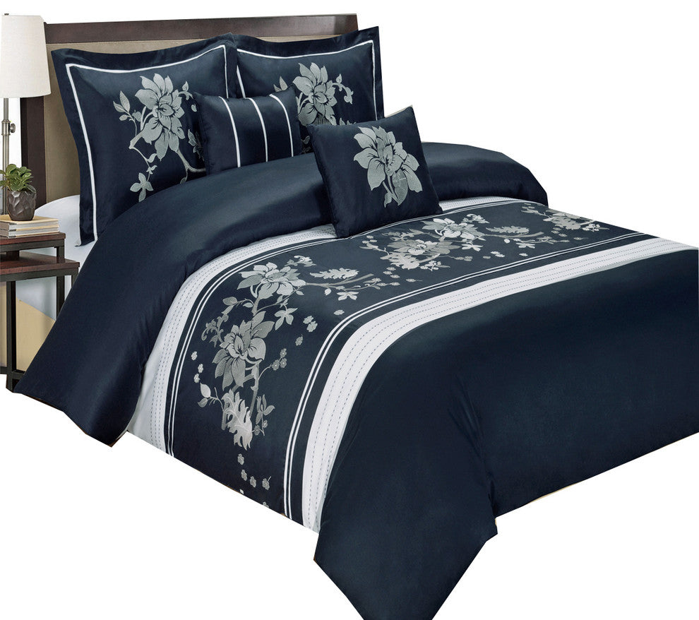Myra Cotton Floral 5PC Duvet Cover Set, Navy, Full/Queen