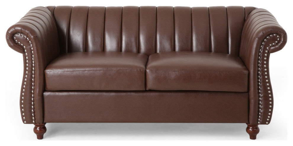 Bauman Modern Glam Channel Stitch Loveseat with Nailhead Trim, Dark Brown and Espresso, Pu