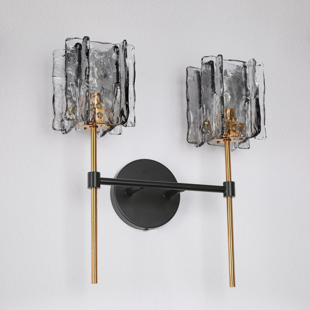 LNC Tucana Polished Gold and Matte Black Modern Wall Sconce, Textured Glass, 2 Lights