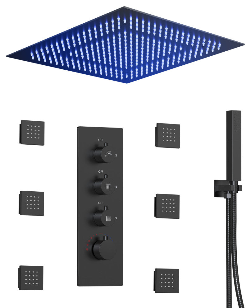 Thermostatic Shower Faucet LED 20" Rain Shower Head with 6 Body Jets, Matte Black