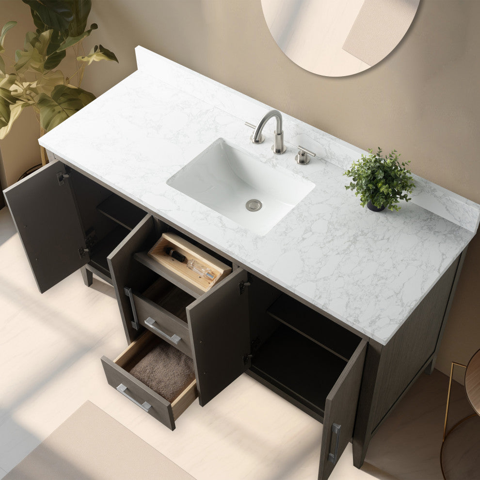 Vanity Art Bathroom Vanity With Sink, Driftwood Gray, 60", Single Sink, Brushed Nickel