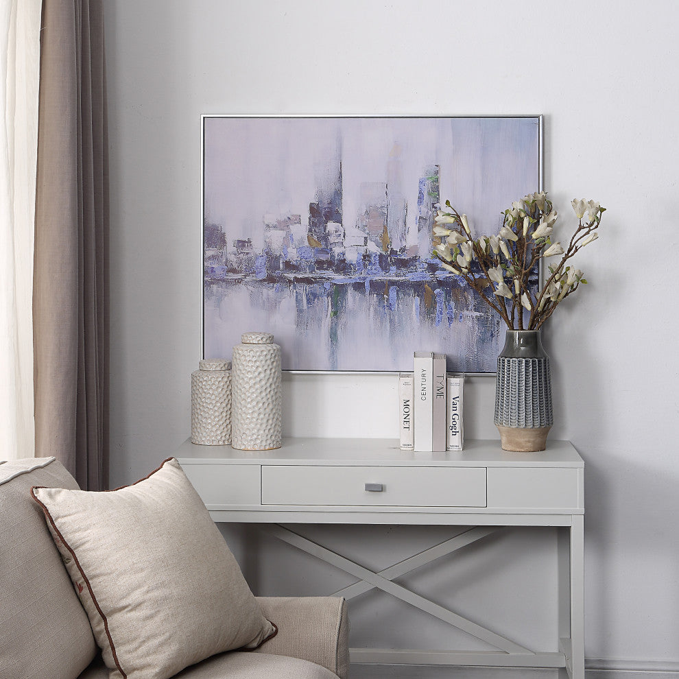 Cityscape Abstract Wall Art 24x32 With Silver Frame, Teal