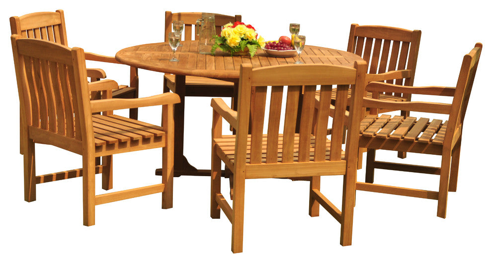 7-Piece Outdoor Teak Dining Set, 60" Round Table, 6 Devon Arm Chairs