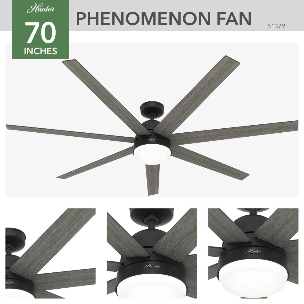 Hunter 70" WiFi Phenomenon Matte Black Ceiling Fan With LED Light, Wall Control