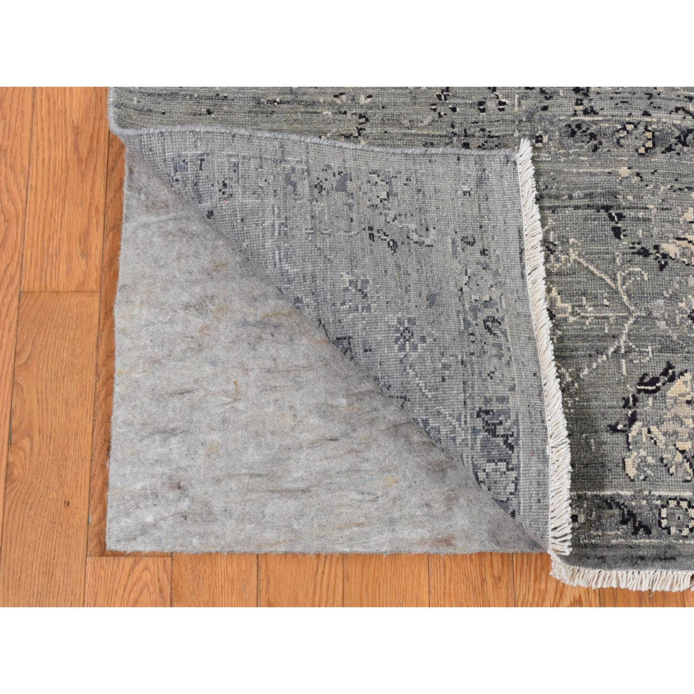 Gray Silk With Wool Erased Broken Persian Design Hand Knotted Rug 8'3"x10'1"
