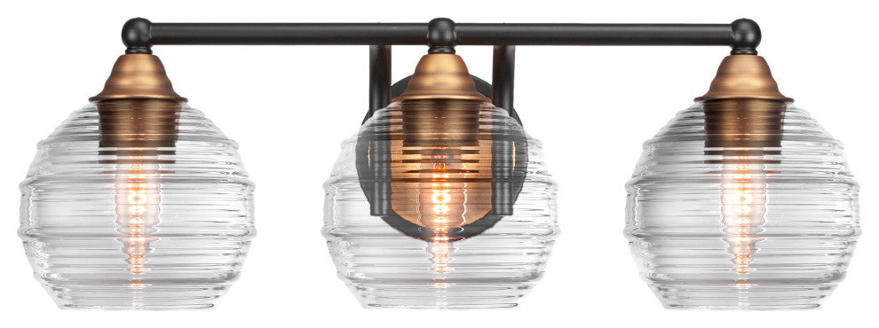 Paramount 3-Light Bath Bar, Matte Black & Brass, 6" Clear Ribbed Glass
