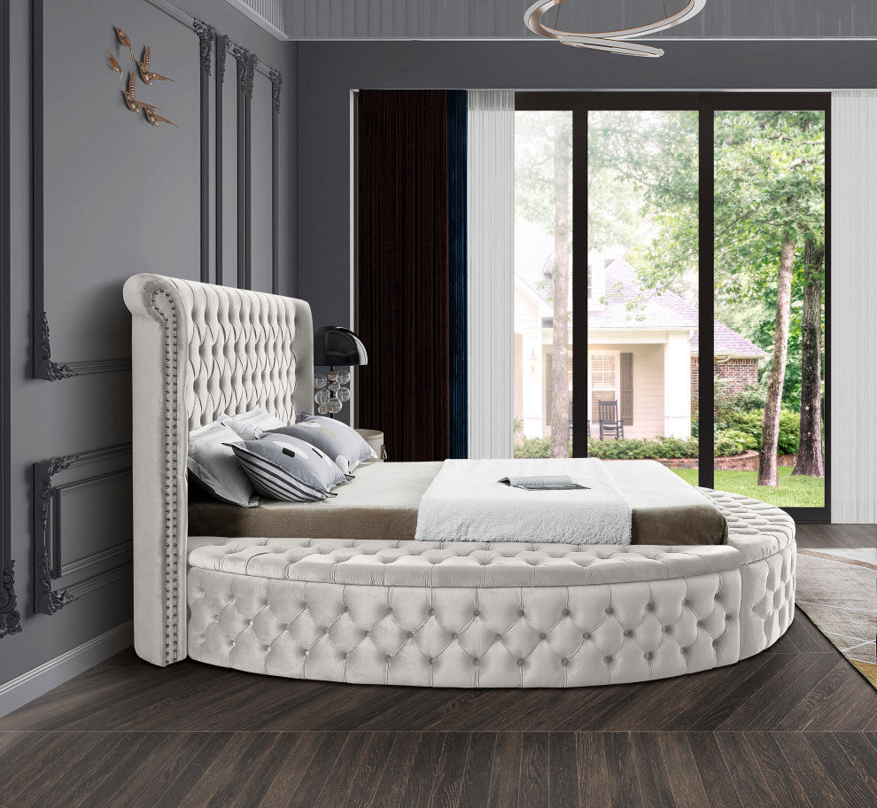 Luxus Button Tufted Velvet Round Bed, Cream, Queen