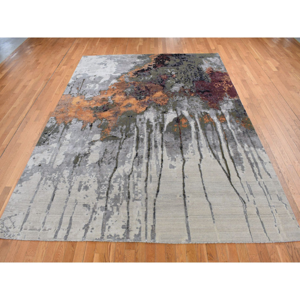 Gray, Abstract Dripping Design, Wool and Silk, Hand Knotted Rug, 8'10"x12'3"