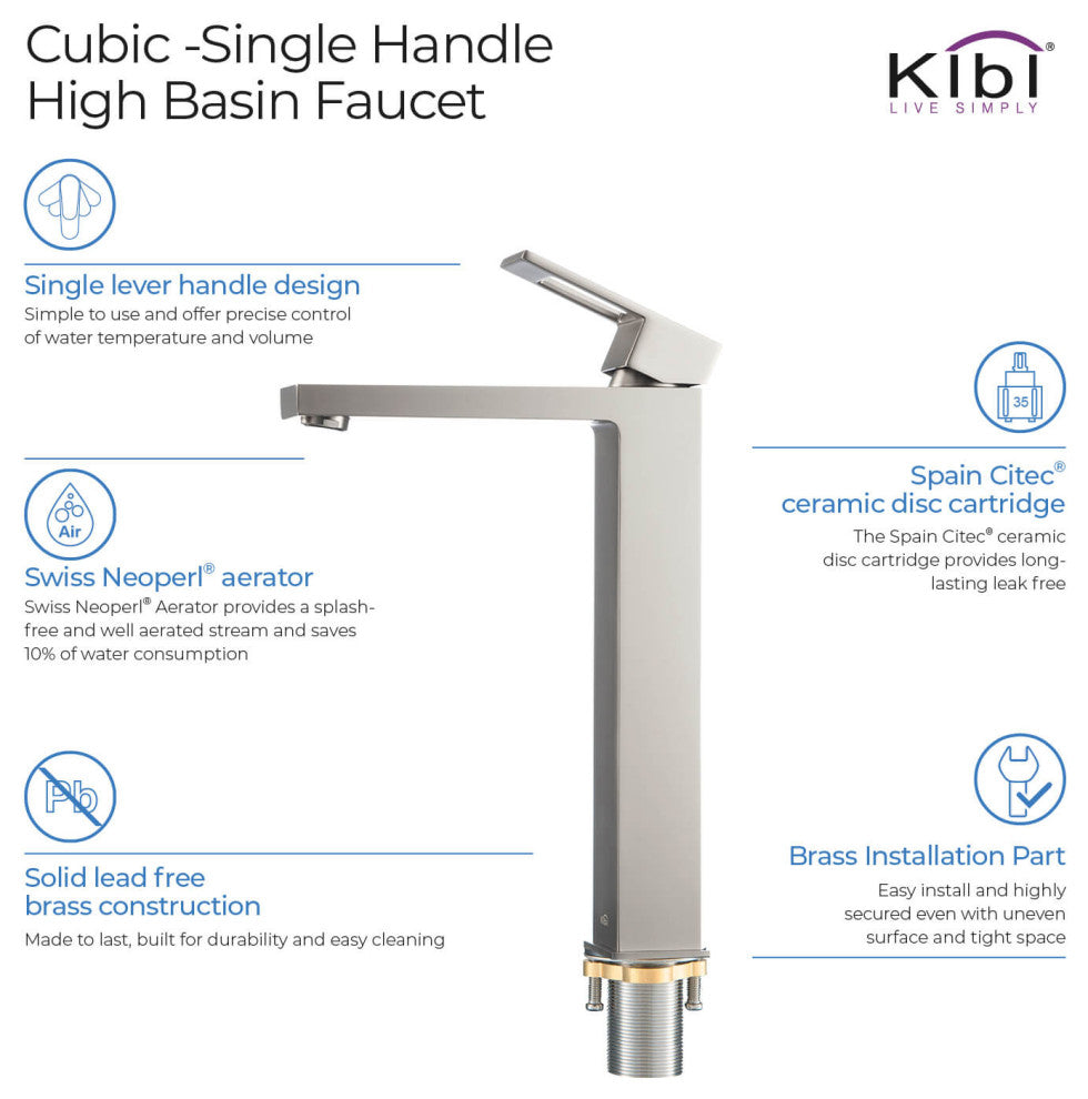 Cubic Single Handle Vessel Sink Faucet KBF1003, Brush Nickel, W/ Drain