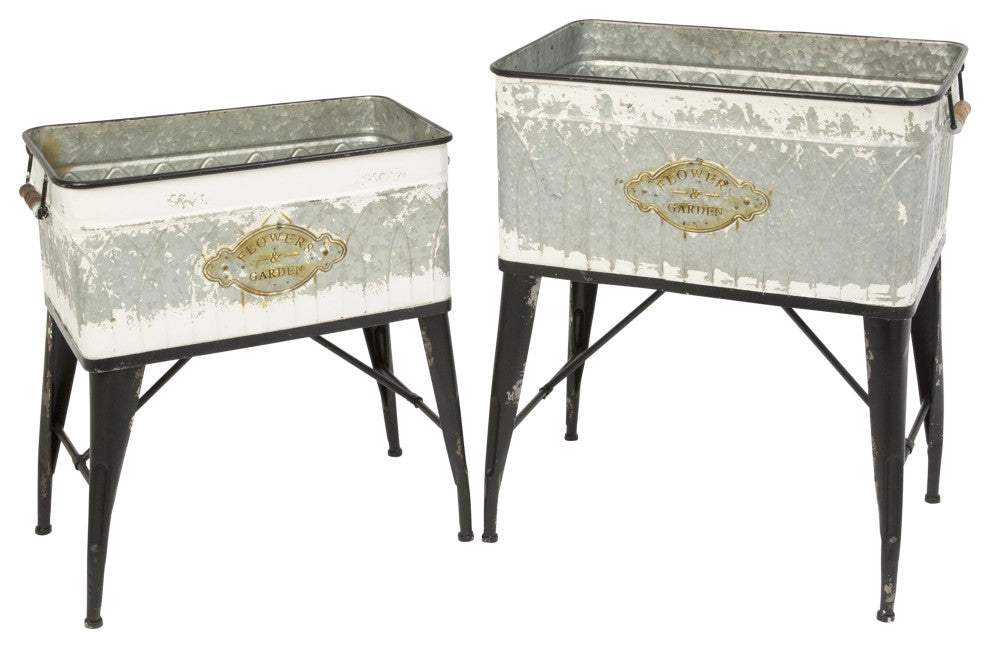 Set of 2, Assorted Metal Planters, Stand