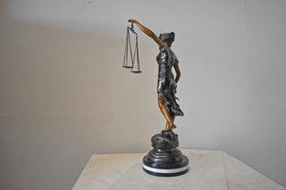 Lady Justice bronze statue mounted on a marble - Size: 14"L x 16"W x 32"H.