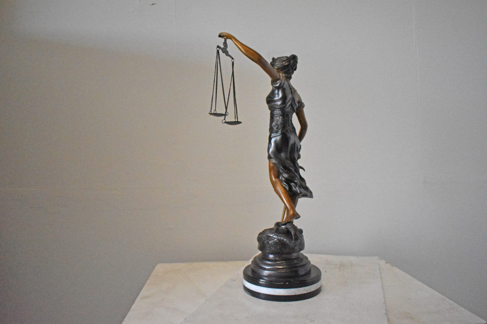 Lady Justice bronze statue mounted on a marble - Size: 14"L x 16"W x 32"H.