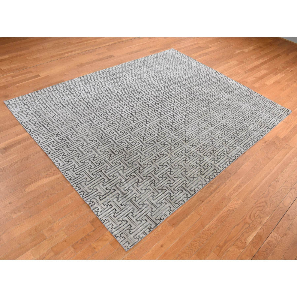 Gray Pure Silk With Wool Roman Key Design Hand Knotted Oriental Rug 7'10"x10'3"