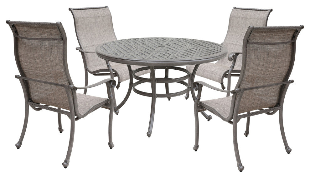 5-Piece Aged Bronze Aluminum Round Dining Set With 4 Sling Chairs, Heritage Grey