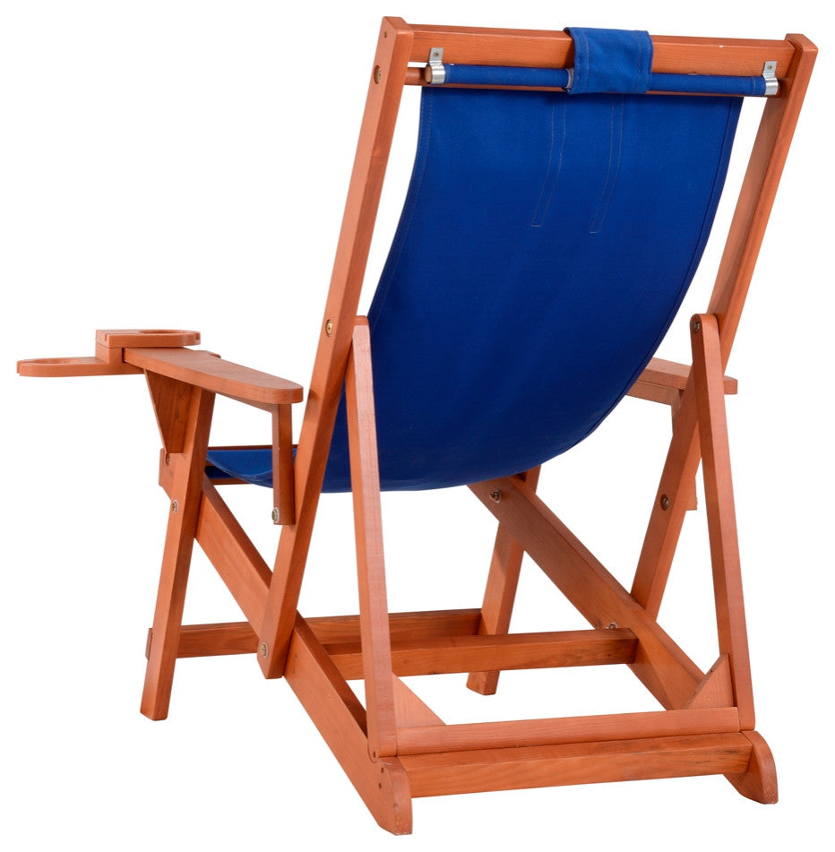 Romantic Collection Canvas Sling Chair with Cup and Wine Holder, Walnut Frame Bl