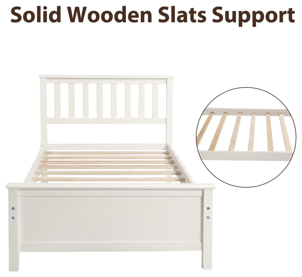 Gewnee Wood Twin Size Platform Bed with Headboard and Footboard in White