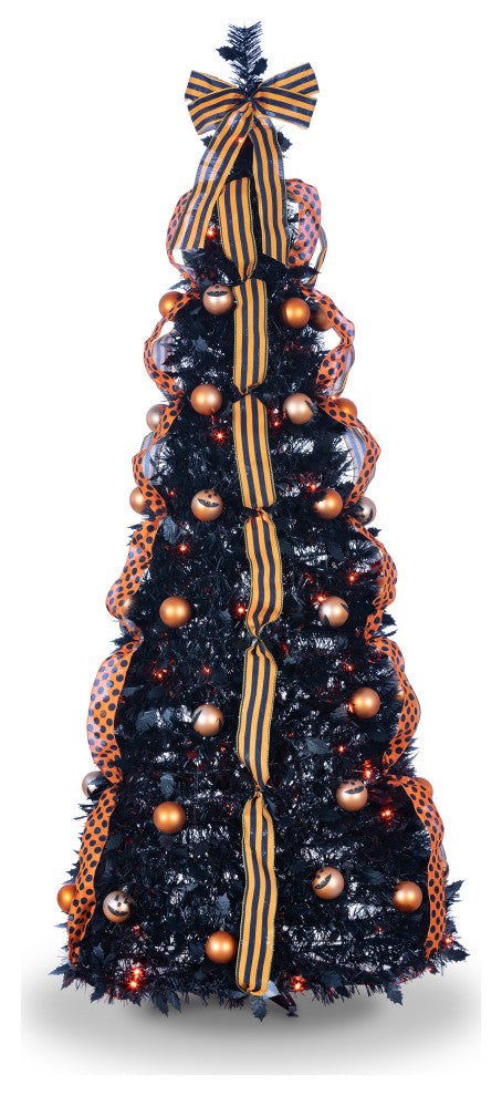 6' Black Pop-Up Pre-Lit Halloween Tree With 100 Orange LED Lights