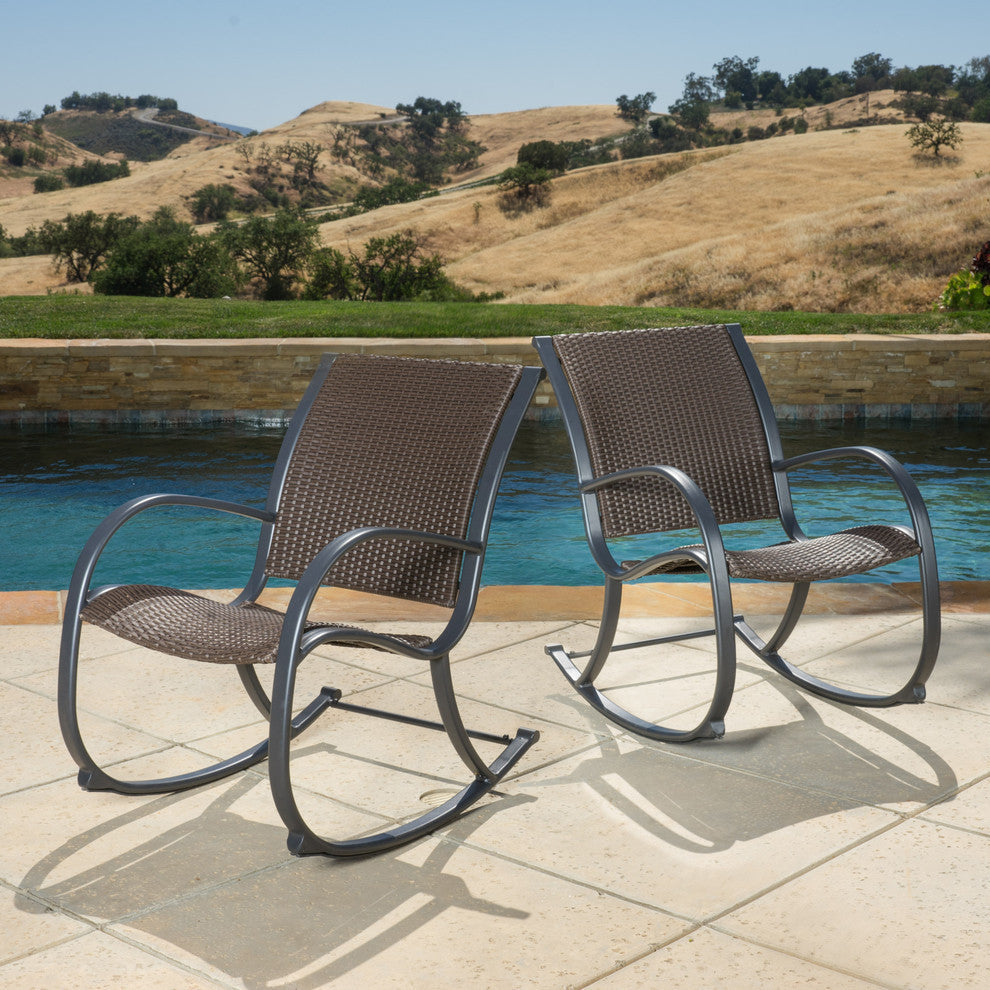 GDF Studio Leann Outdoor Dark Brown Wicker Rocking Chairs