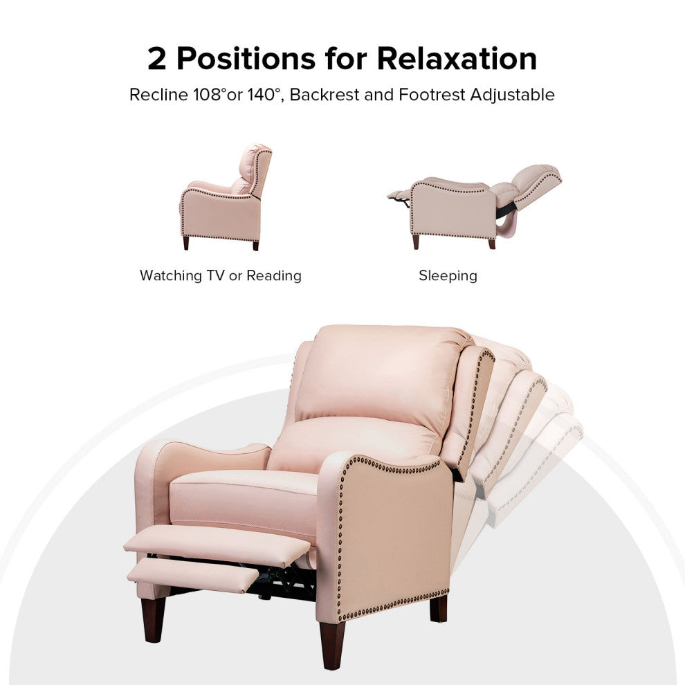 Genuine Leather  Push back Recliner With Wingback, Pink
