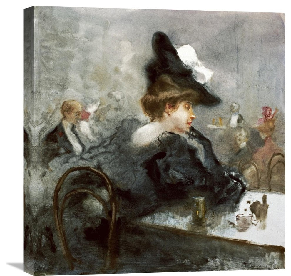 "Elegant Lady In Black In a Cafe" Artwork, 21" x 22"