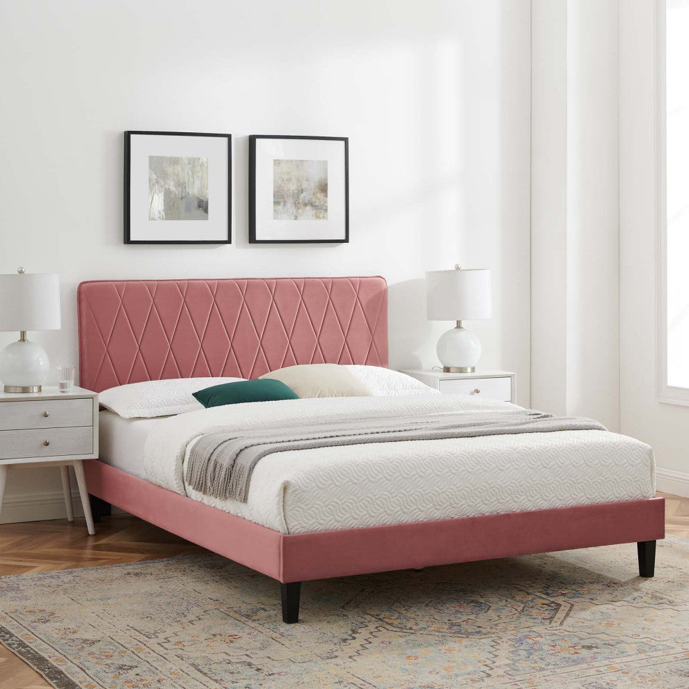 Platform Bed Frame, King Size, Velvet, Pink, Modern Contemporary, Bedroom Master