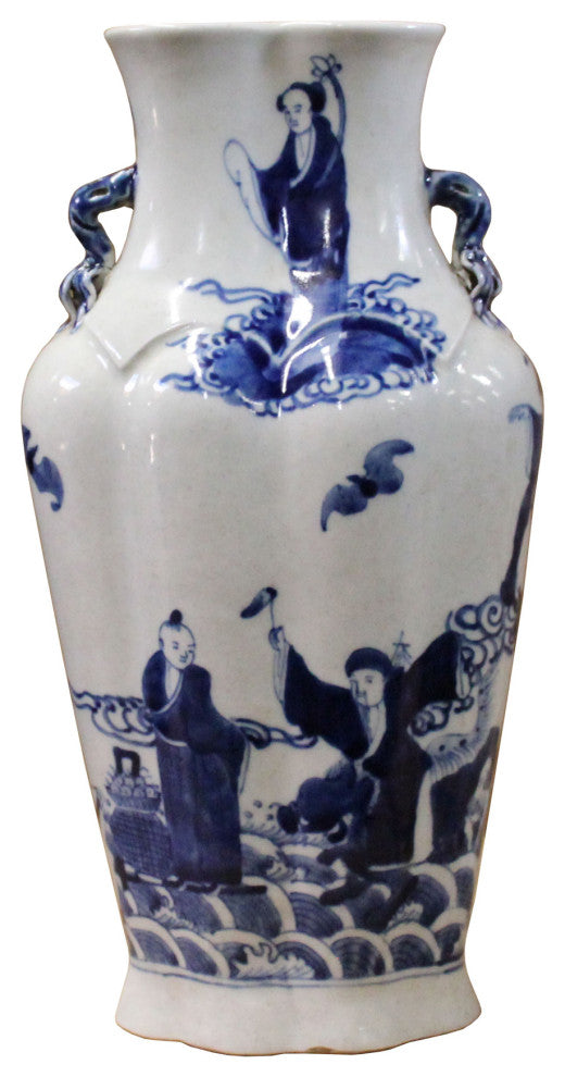 Chinese Blue White Porcelain Eight Immortal Graphic Flat Body Vase Hws399
