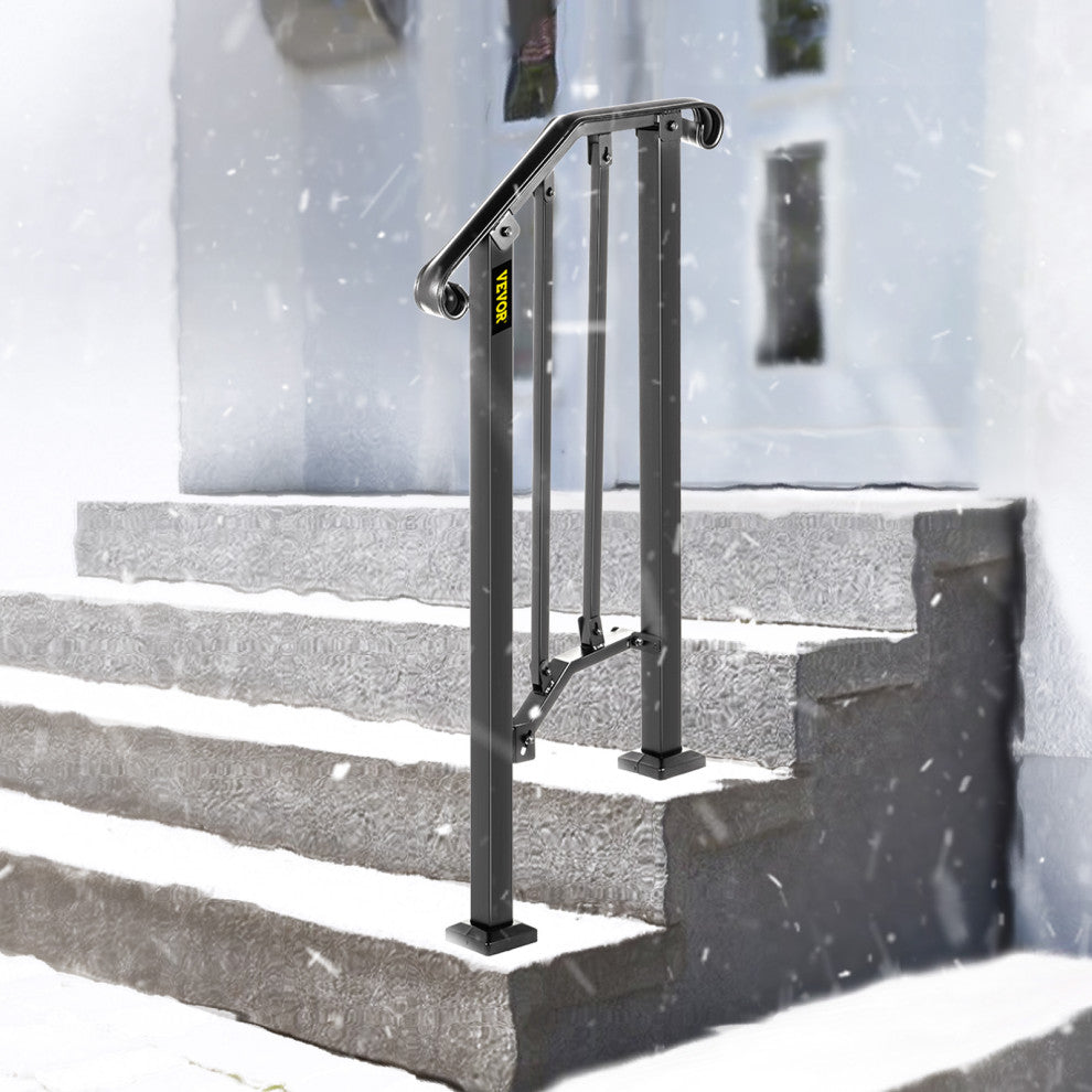 Wrought Iron Handrail Outdoor Stair Rail with Installation Kit, Black, Fit 1-2 Steps