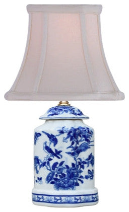 Blue and White Floral Bird Motif Scallop Jar Lamp, 14"