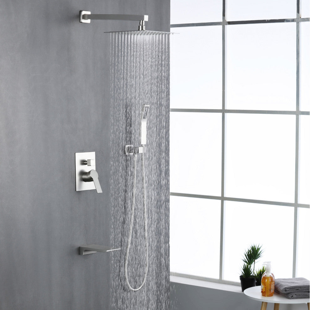 Wellfor Rain Shower Faucet, 10" Waterfall Shower Head With Handheld Combo Set, Brushed Nickel