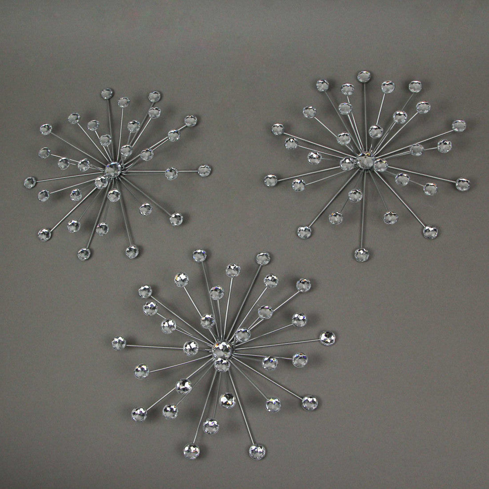 3 Silver Starburst Jeweled Metal Decorative Wall Art Hanging Rhinestone Crystal