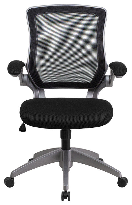 Mid-Back Mesh Swivel Task Chair With Gray Frame and Flip-Up Arms, Black, 25.25"