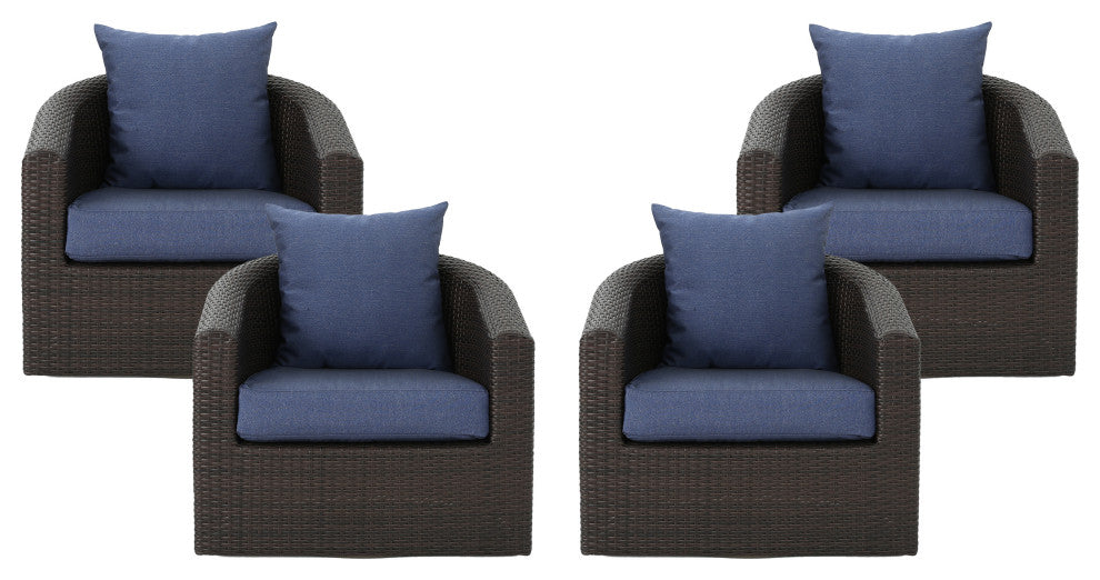 GDF Studio Dillard Outdoor Mix Brown Wicker Swivel Club Chair, Navy Blue, Set of 4